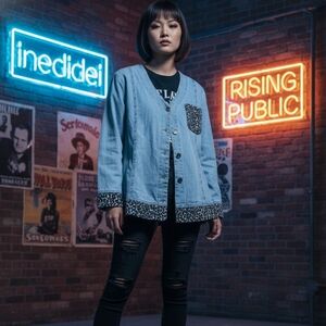 EUC Impulse California Denim Jacket Animal Print Trim Large!